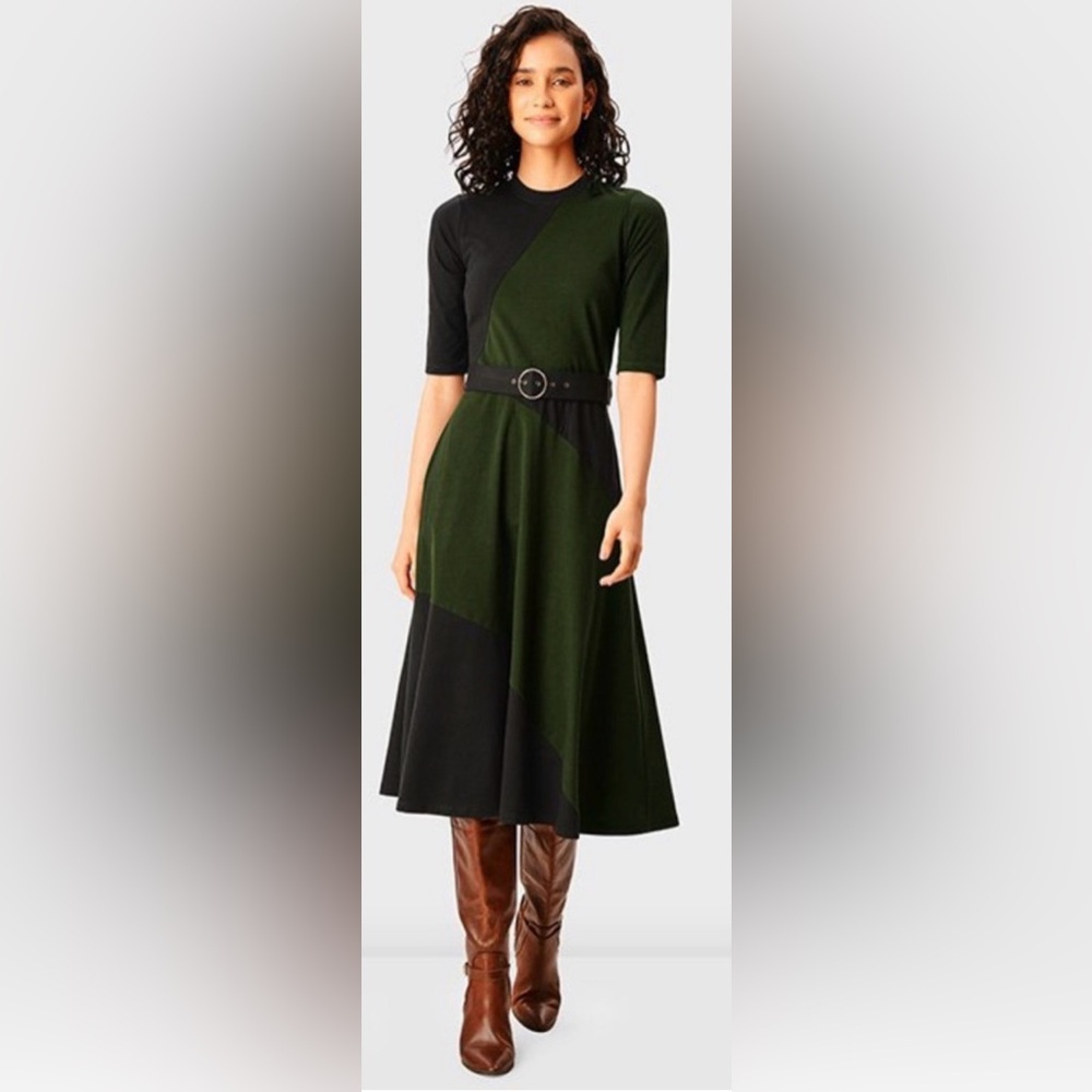 eShakti Black and Green Midi Dress